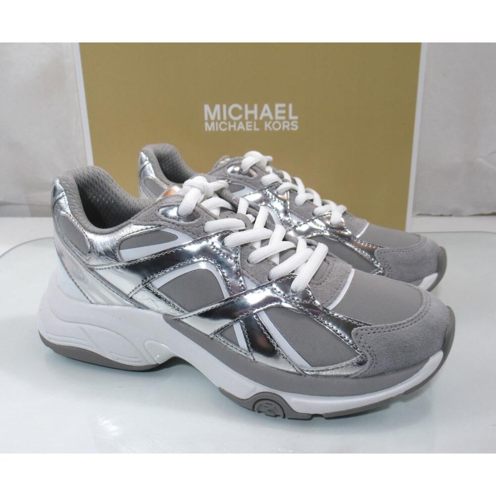 Michael Kors Leo Trainer Lace Up Sneakers MK Signature Silver - Picture 4 of 11